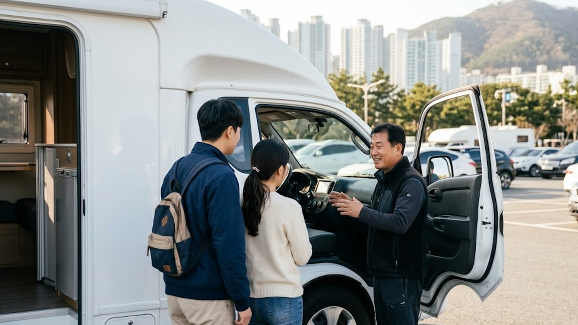 차주와 함께 캠핑카를 살펴보는 여행객 부부