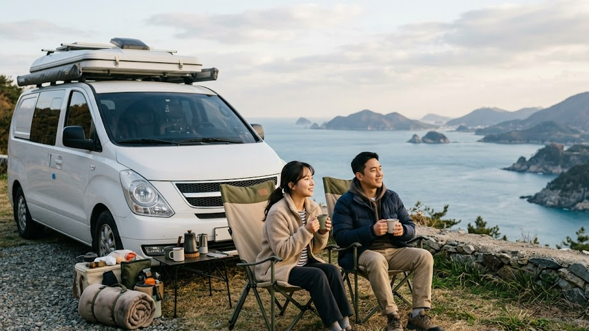 남해 해안 절벽 명소에서 캠핑카와 함께 쉬는 커플